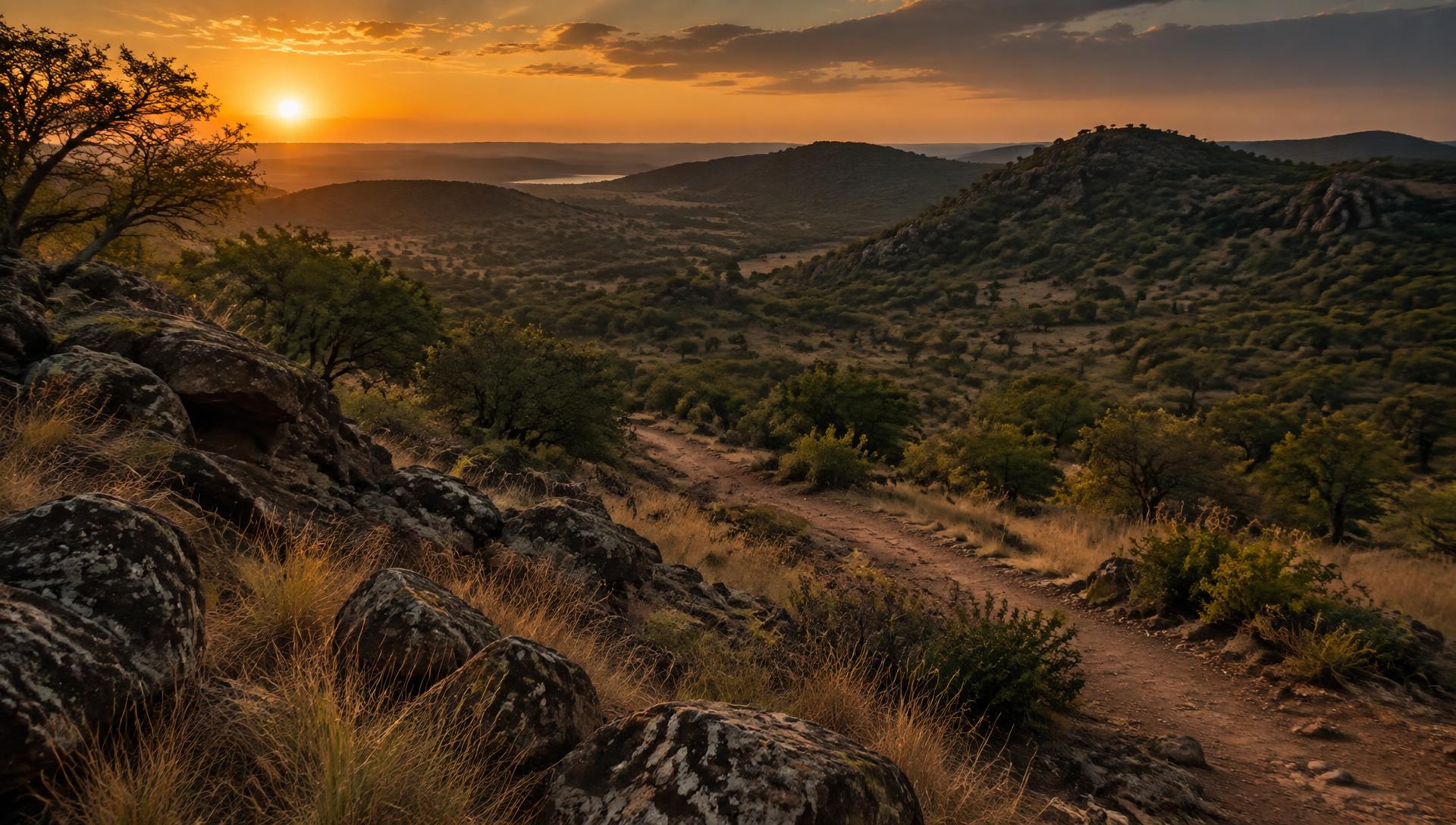 Rocky bushveld trail in the Vredefort Dome at golden hour